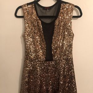 Gold Sparkly Party Dress with mesh paneling